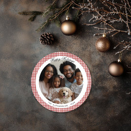 Rode Vintage Gingham Ronde Vakantiefoto Feestdagenkaart