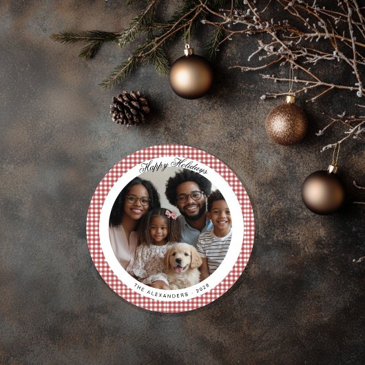 Rode Vintage Gingham Ronde Vakantiefoto Feestdagenkaart