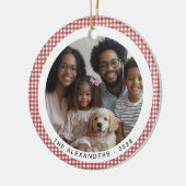 Rode Vintage Gingham Ronde Vakantiefoto Keramisch Ornament (Links)