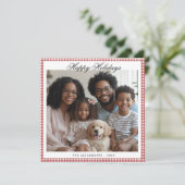 Rode Vintage Gingham Square Vakantiefoto Feestdagenkaart (Staand voorkant)