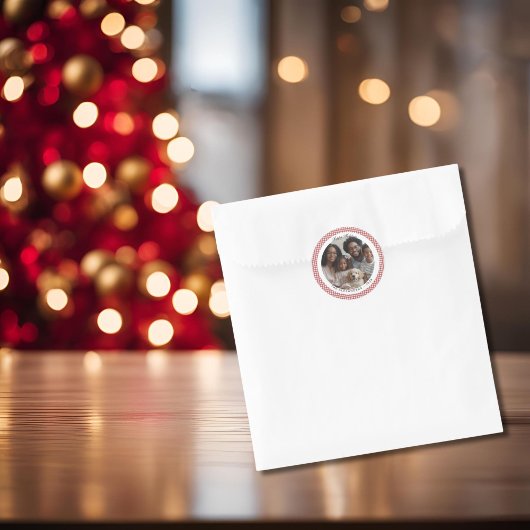 Rode Vintage Gingham Vakantiefoto Rond Ronde Sticker