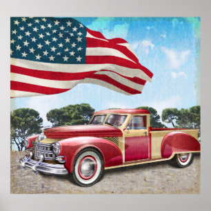 Rode vintage haalt vrachtwagen op met Amerikaanse  Poster