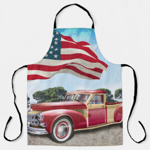 Rode vintage haalt vrachtwagen op met Amerikaanse  Schort