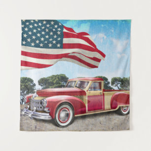 Rode vintage haalt vrachtwagen op met Amerikaanse Wandkleed