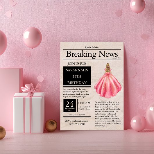 Rode vintage krant Quinceañera zalmroze Kaart