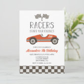 Rode Vintage Raceauto Verjaardagsuitnodiging Kaart (Staand voorkant)