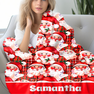 Rode Vintage Santa Claus Tartan Plaid Christmas Fleece Deken