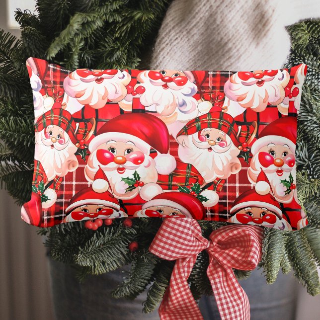 Rode Vintage Santa Claus Tartan Plaid Christmas Kussen (Creator heeft geüpload)