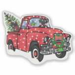 Rode Vintage Snowy Christmas Truck met Black Labs Sticker<br><div class="desc">Handgetekende stijlillustratie van een Kerst sticker met zwarte Labradors in een rode  truck versierd met een kerstkrans vol cadeaus en een kerstboom die door het besneeuwde landschap rijdt. Schattige kerst sticker voor liefhebbers van zwarte labs! © EMR Design.</div>