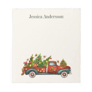 Rode Vintage Truck Kerstbomen Vakantie Naam Notitieblok