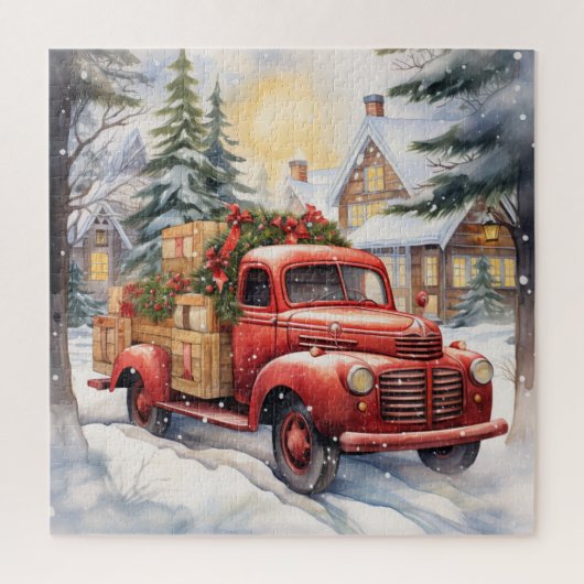 Rode Vintage Truck Kerstvakantie Sneeuw Winter Legpuzzel (Verticaal)
