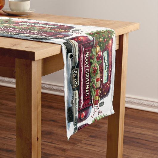 Rode Vintage Truck Kerstversieringen Korte Tafelloper (Voorbeeld)