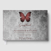 Rode Vintage Vlinder Damast Bruiloft Gastenboek (Voorkant)
