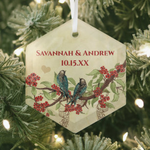 Rode Vintage Vogel Save the Date Damask Bruine Not Glas Ornament