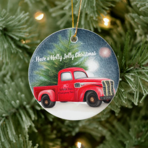 Rode vintage vrachtwagen en boom aangepaste feestd keramisch ornament