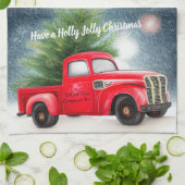 Rode vintage vrachtwagen en boom aangepaste feestd theedoek (Gevouwen)