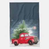 Rode vintage vrachtwagen en boom aangepaste feestd theedoek (Verticaal)