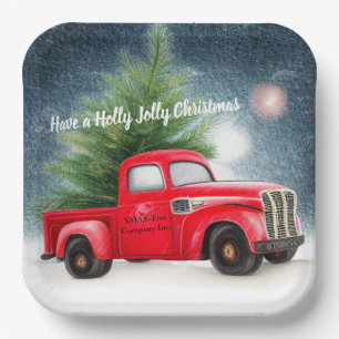 Rode vintage vrachtwagen en boom op maat voor vaka papieren bordje