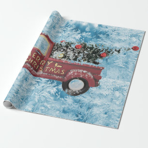 rode vintage vrachtwagen op een blauwe sneeuwvlok cadeaupapier