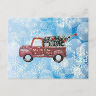 rode vintage vrachtwagen op een blauwe sneeuwvlok  feestdagenkaart