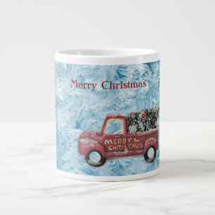 rode vintage vrachtwagen op een blauwe sneeuwvlok  grote koffiekop