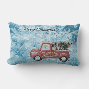 rode vintage vrachtwagen op een blauwe sneeuwvlok kussen