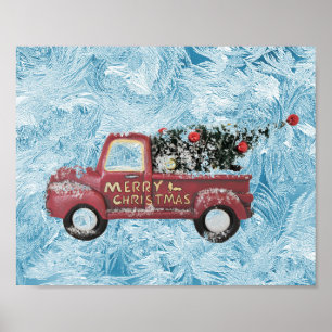 rode vintage vrachtwagen op een blauwe sneeuwvlok poster