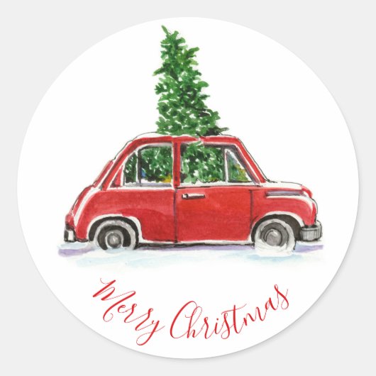 Rode vintage-wagen met kerstboom ronde sticker (Voorkant)