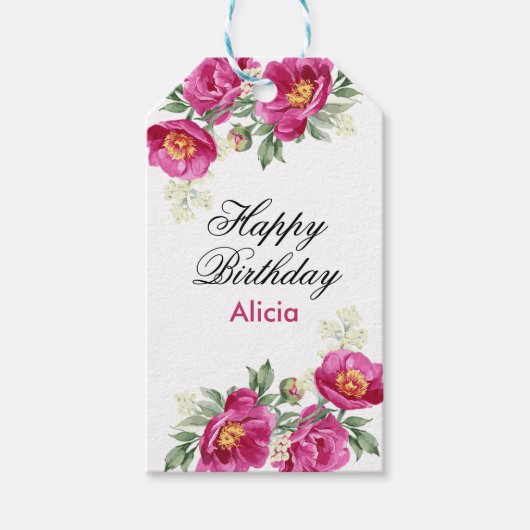 Rode Violet Pioen Bloemen Groen Verjaardag Cadeaulabel (Voorkant)