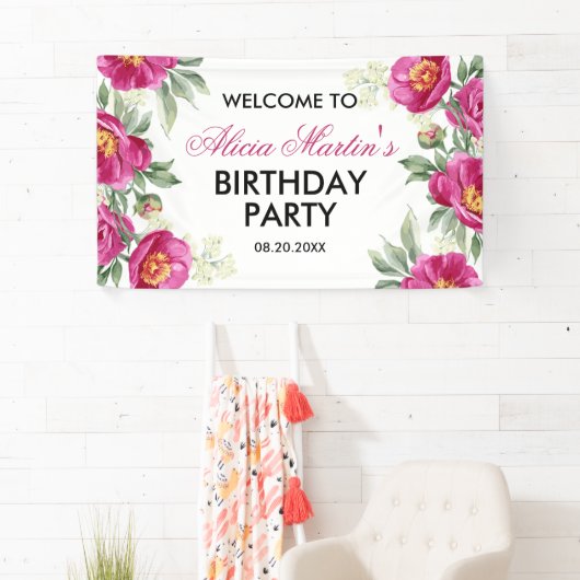 Rode Violet Pioen Bloemen Groen Verjaardag Welkom Spandoek (Insitu)