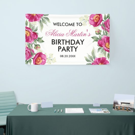 Rode Violet Pioen Bloemen Groen Verjaardag Welkom Spandoek (Beurs)