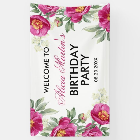 Rode Violet Pioen Bloemen Groen Verjaardag Welkom Spandoek (Verticaal)