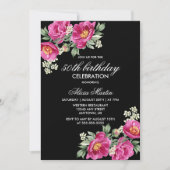 Rode Violet Pioen Bloemen Zwart 50ste Verjaardag Kaart (Voorkant)