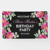 Rode Violet Pioen Bloemen Zwart Verjaardag Welkom Spandoek (Horizontaal)