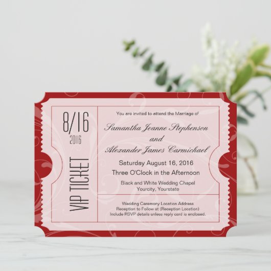 Rode VIP bruiloft ticket uitnodigingen (Staand voorkant)