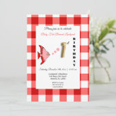 Rode Vis & Gingham Gouden Ballon 1e Verjaardag Kaart (Staand voorkant)