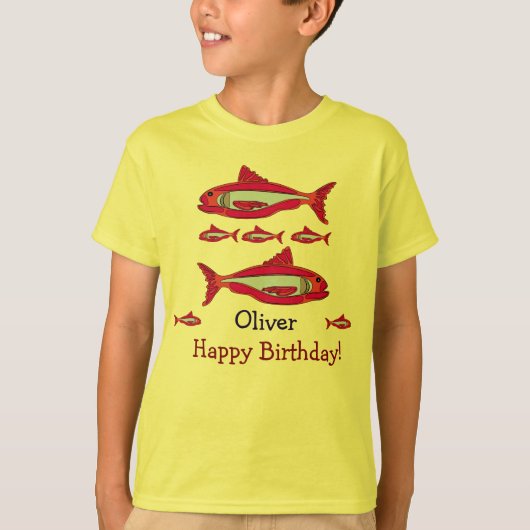 Rode vis voor kinderen T-shirt Happy Birthday 2025 (Voorkant)