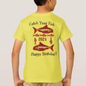 Rode vis voor kinderen T-shirt Happy Birthday 2025 (Achterkant)