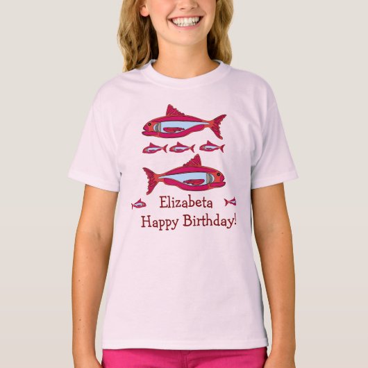 Rode vis voor kinderen T-shirt Happy Birthday 2025 (Voorkant)