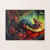 Rode vleugel bos draak met rode bloemen legpuzzel (Horizontaal)