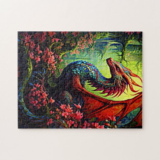 Rode vleugel bos draak met rode bloemen legpuzzel (Horizontaal)