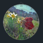 rode vleugelfee en daffodils dartbord<br><div class="desc">Fairy and Photo by Artist Sandy Closs Fairy,  fairies,  elfje,  elfjes,  fantasie,  bloemen,  vlinder,  vlinder,  rood,  geel,  paars,  sprookje,  sprookjesland</div>
