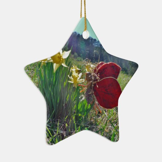 rode vleugelfee en daffodils keramisch ornament (Rechts)
