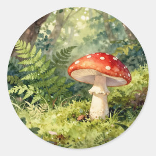 Rode Vliegenzwam Watercolor Bos Scene Ronde Sticker