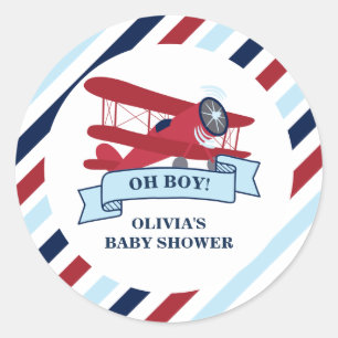 Rode vliegtuig baby shower ronde sticker