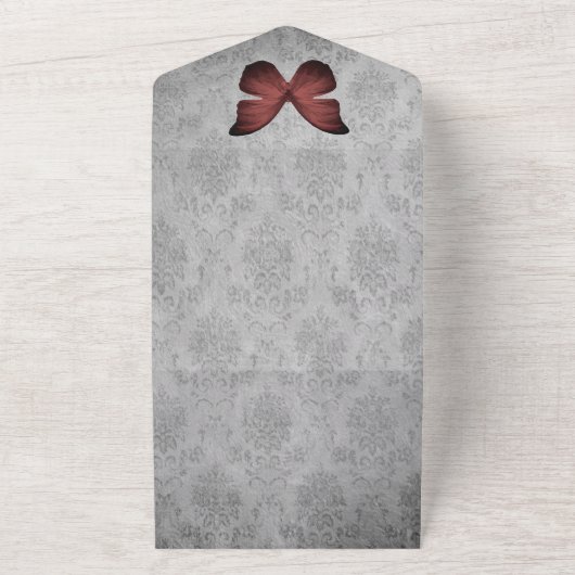 Rode vlinder Damask bruiloft All In One Uitnodiging (Buitenkant)