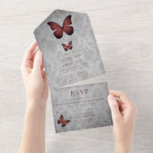 Rode vlinder Damask bruiloft All In One Uitnodiging (Afscheurbaar)