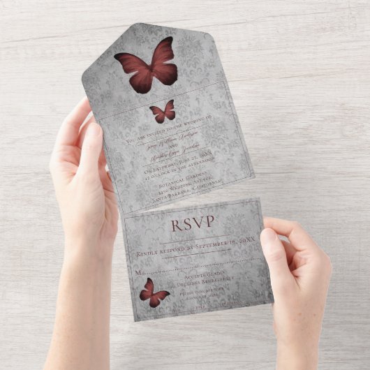 Rode  vlinder Damask bruiloft All In One Uitnodiging (Afscheurbaar)