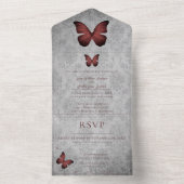 Rode vlinder Damask bruiloft All In One Uitnodiging (Binnen)