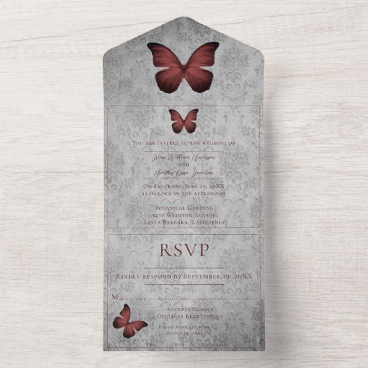 Rode  vlinder Damask bruiloft All In One Uitnodiging (Binnen)